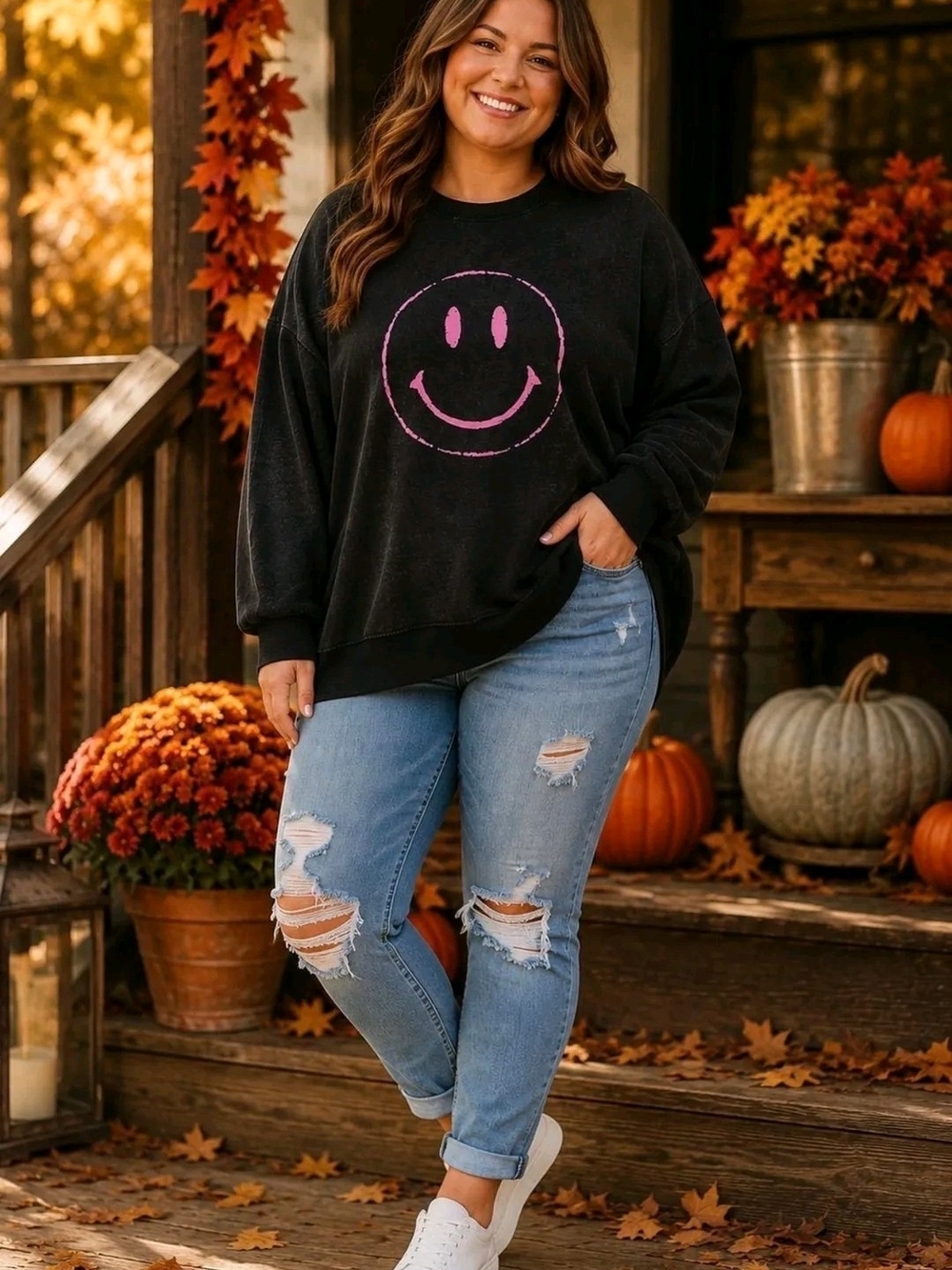 NWOT Size 1X Oddie Women’s Black Smiley Sweatshirt - Pink Graphic